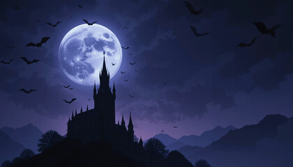 Fototapeta premium The silhouette of a spooky castle dominates the horizon as bats circle through the night sky beneath a luminous harvest moon.