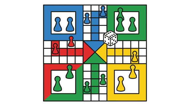 Colorful Ludo Board Game Illustration With Pawns, Dice, Parcheesi Style Track And Home Bases