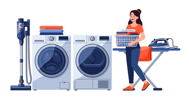 A woman doing laundry with a washing machine, dryer, vacuum cleaner, and ironing board in a home setting.