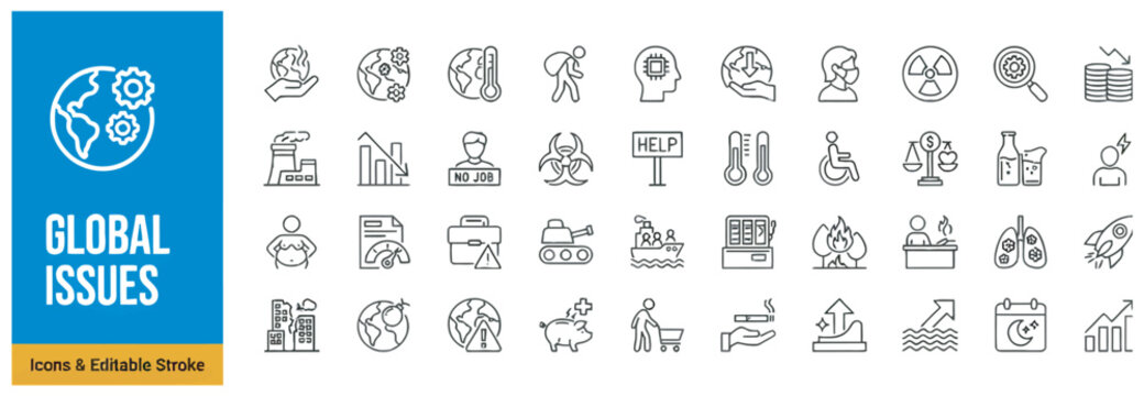 Global issues and world problems vector icon set covering environmental and societal challenges