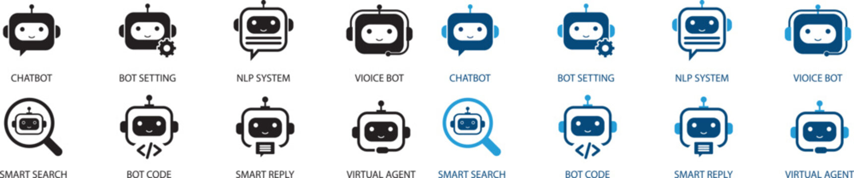 AI Agent and Machine Learning solid icon set. Includes symbols for Chatbot, Deep Learning, Voice Bot, AI Vision, and NLP System