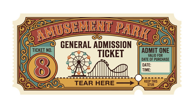 Amusement Park Ticket - General Admission Vintage Style with Ferris Wheel and Roller Coaster