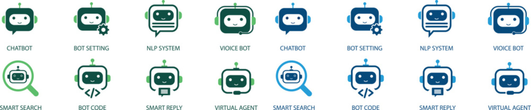 AI Agent and Machine Learning solid icon set. Includes symbols for Chatbot, Deep Learning, Voice Bot, AI Vision, and NLP System