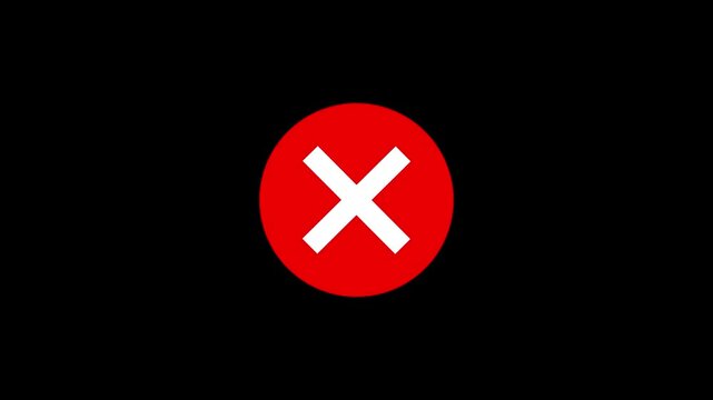 Cross mark symbol animation in red circle for denial or rejection.Red circle with white X on black background animated transition element.