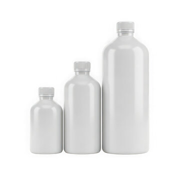 Three white plastic bottles of different sizes with screw on caps