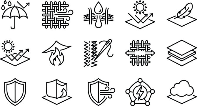Fabric property and textile material feature line icon set vector illustration on white background