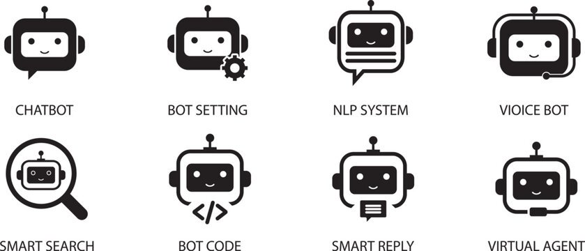 AI Agent and Machine Learning solid icon set. Includes symbols for Chatbot, Deep Learning, Voice Bot, AI Vision, and NLP System