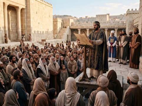 King Josiah reading the book of the law to the people of Judah