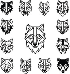 Fototapeta premium Collection of stylized geometric wolf head illustrations in black and white.