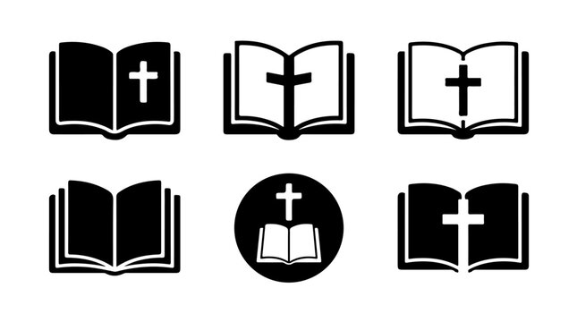 Bible and religious book icons illustration featuring open books with crosses representing faith, spirituality, and sacred scripture symbolism