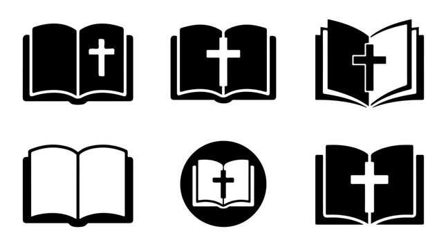 Bible and religious book icons illustration featuring open books with crosses representing faith, spirituality, and sacred scripture symbolism