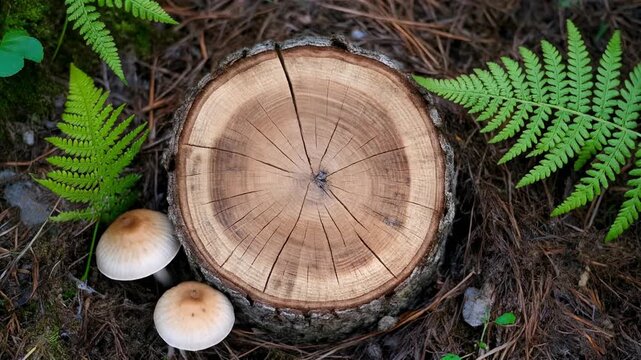 Rustic Wood Log Slice with Bark Texture Forest Floor Mushrooms Organic Product Display