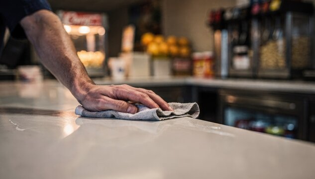 Focused view of employee wiping down counter after closing with concession snacks and equipment fading softly into the background blur.
