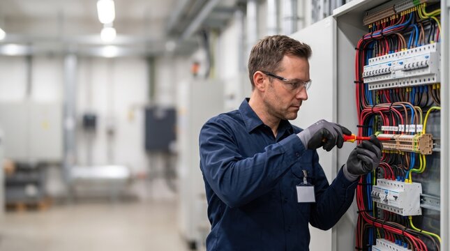 Electrician Working on Control Panel with Multicolored Wires and Tools in Industrial Setting