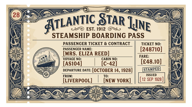 Vintage Atlantic Star Line Steamship Boarding Pass Ticket, 1928