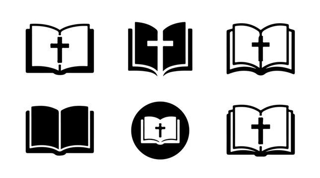 Bible and religious book icons illustration featuring open books with crosses representing faith, spirituality, and sacred scripture symbolism