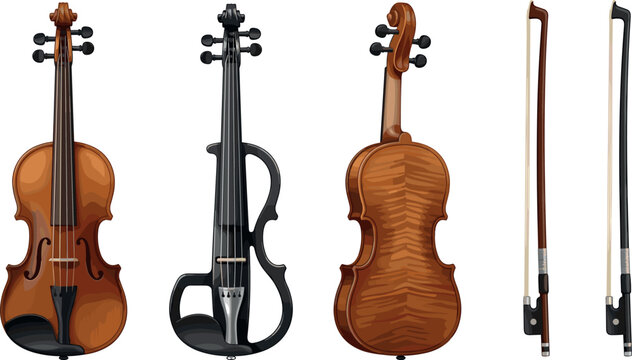 Classical Wooden Violins and Modern Black Electric Violin Vector Set Featuring Front Back and Bow Elements for Classical Music and Symphony Orchestra Designs