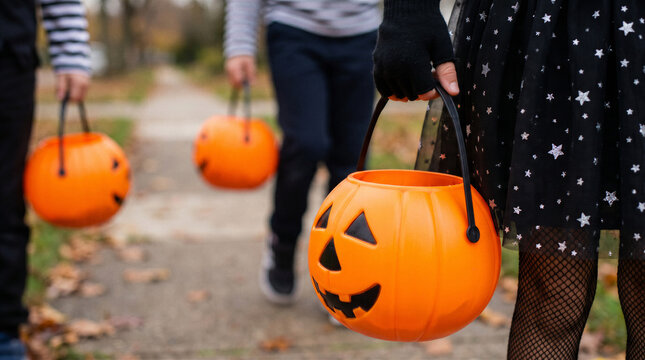 Children carrying orange pumpkin buckets while trick or treating outdoors in halloween costumes on an autumn sidewalk with copy space.