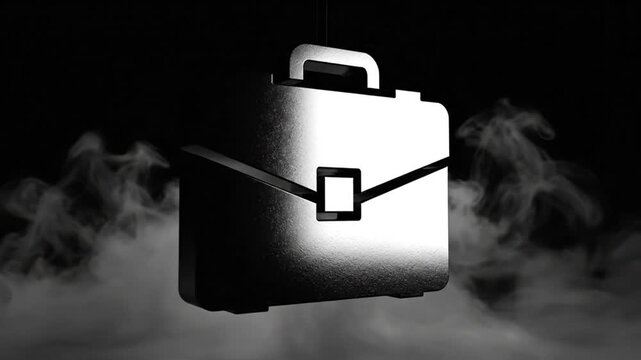 Shiny briefcase graphic suspended in darkness with wisps of smoke and creative lighting effects for business or concept video