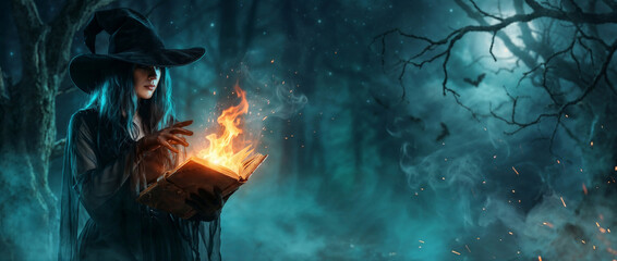 Fototapeta premium Mysterious witch casting a spell from a flaming magic book in a foggy moonlit forest background with flying bats and copy space for halloween concepts.