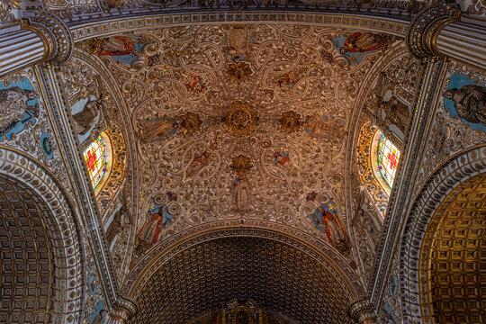 Roof interior in mexican baroque style with saint decorations, Santo Domingo church, Oaxaca, Mexico.