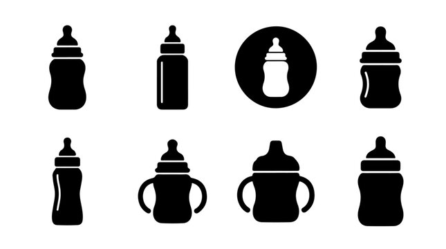 Baby bottle icons illustration featuring various feeding bottle designs with handles and sippy tops representing infant care and nourishment
