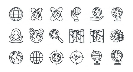 Fototapeta premium Set of Global Earth and Travel Line Icons for Geography, Logistics, and Environmental Concepts - Vector Illustration