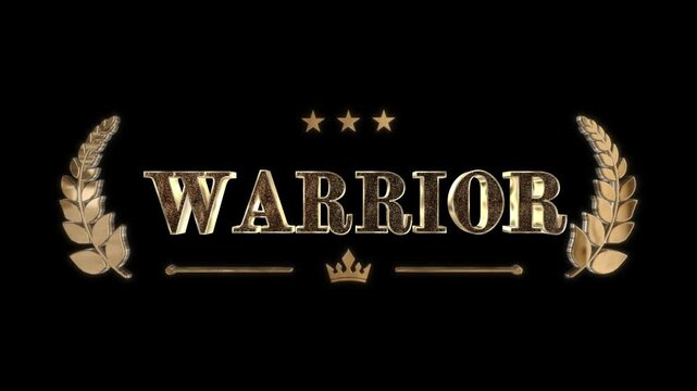 Warrior emblem features metallic gold text centered between two laurel wreaths and a small crown, symbolizing strength and victory in a professional graphic design style suitable for branding.