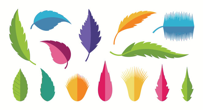 Collection of stylized vector leaf shapes and tips in multiple colors featuring varied edges including serrated, smooth, lobed, and fringed types isolated on a white background.