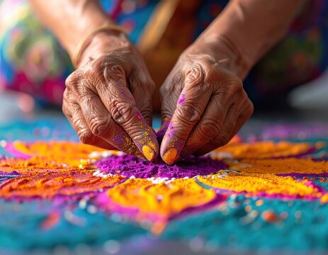 Creating Rangoli for Diwali. Hands Making Colorful Powder Art