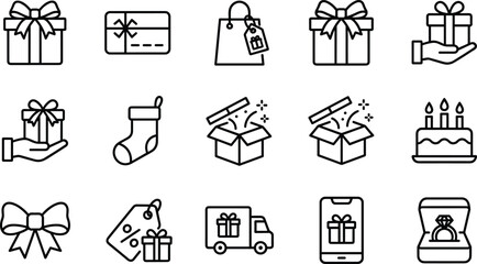 Fototapeta premium Online shopping retail store holiday gift promotion and package delivery thin line icons set on white background