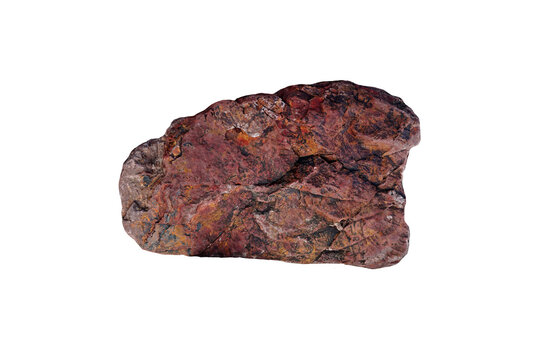 Single raw red chert or jasper stone isolated on a pure white background.