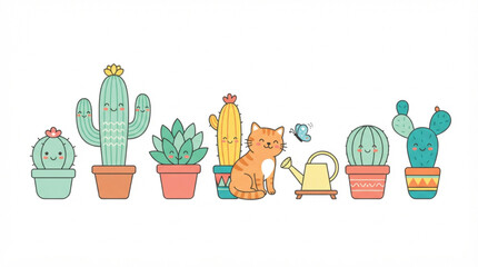 Fototapeta premium Cute cartoon cactus plants and cat vector set playful succulent characters illustration