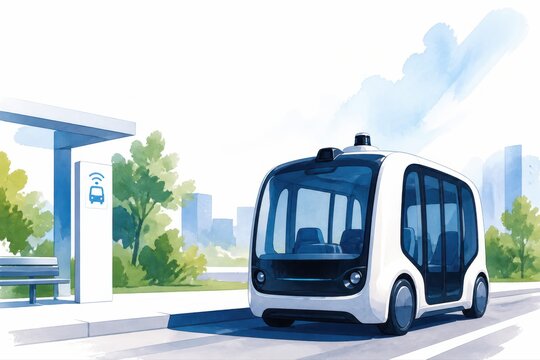 Autonomous electric shuttle at bus stop in modern city park illustration