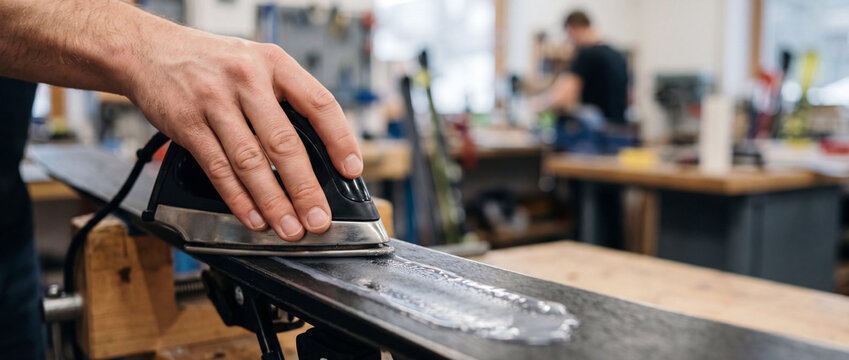 Close-up of ski waxing and maintenance in workshop with handheld iron and workbench tools