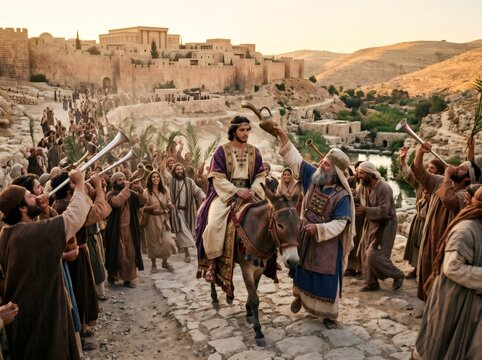 Young Solomon's royal procession receiving anointing from Zadok
