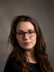 Fototapeta premium A young woman with brown hair and glasses looks directly at the camera.