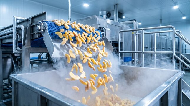 Sliced organic produce passing through automated individual quick freezing machine line at factory