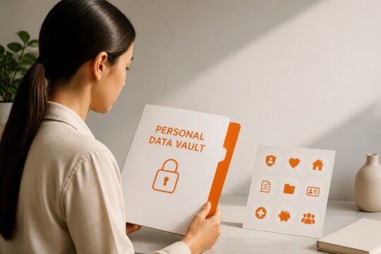 Personal data vault concept with woman holding secure privacy folder and icons