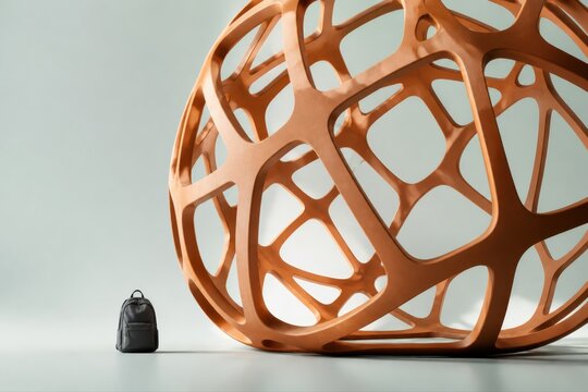 Abstract orange geometric sculpture with backpack in minimalist studio scene