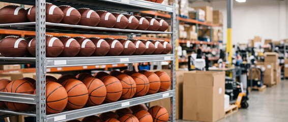 Sports equipment warehouse with shelves of basketballs and footballs ready for distribution and retail