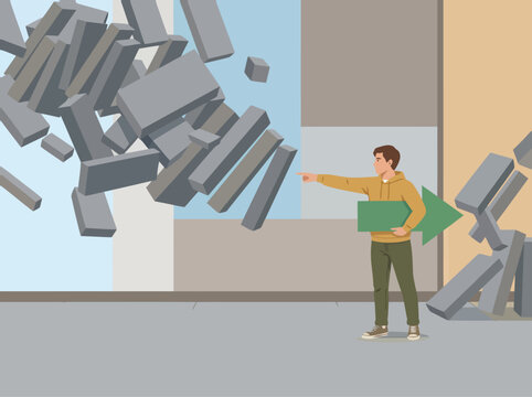A man redirects a falling block of bricks, demonstrating tactical de-escalation. Focus on face saving and conflict resolution. Modern, illustrative style.
