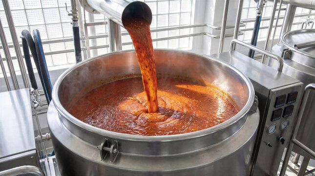 Automated pipeline pouring hot organic tomato sauce into a large stainless steel industrial vat
