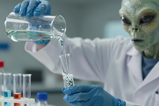 An alien scientist in a lab coat pours liquid from a beaker into a test tube.