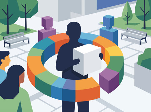 silhouetted figure guides a colorful block circle fostering communication and boundary setting Youth development face-saving skills and collaborative learning
