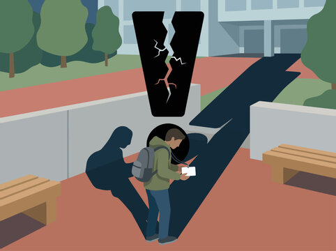 A stylized illustration depicts a young person shadowed by internalized criticism, highlighting youth anxiety and the impact on wellness. A fractured 'V' symbolizes negative self-perception.