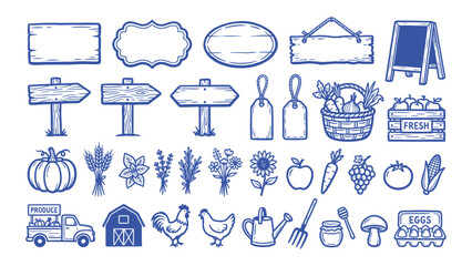 Hand drawn farm and local market vector icon set with wooden signs fresh vegetables barn and animals © Artastic