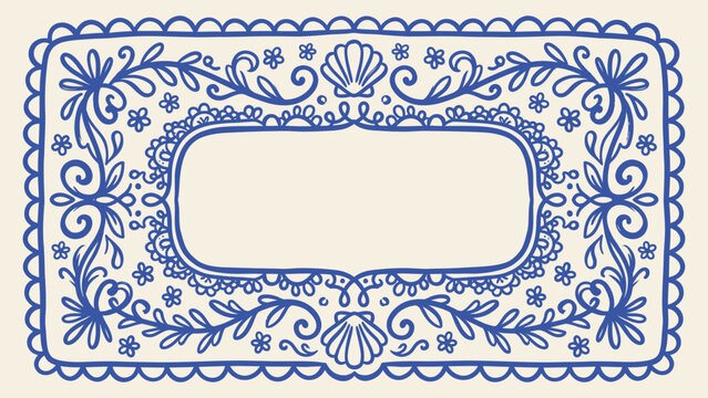 Ornate blue hand drawn frame vector with seashell and floral motifs on cream background for wedding invitation or label design
