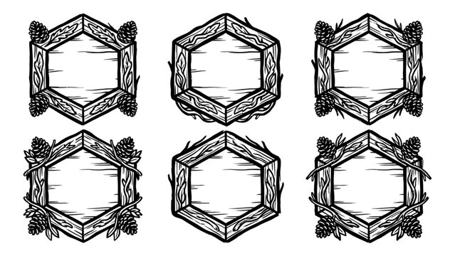 Rustic wooden hexagon frames vector set with pine cones and forest branches for vintage nature design