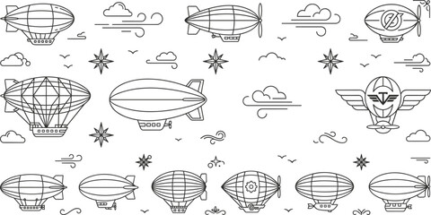 Vintage Airship and Steampunk Blimp Icon Set with Sky Clouds and Wind Elements © PJ DeSign